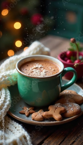 A cozy winter scene featuring a steaming mug of hot chocolate next to a plate of gingerbread cookies and a knit blanket, perfect for a chilly evening , home, wood, blanket