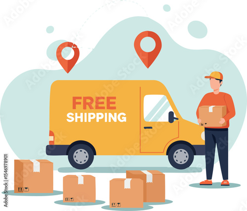 Delivery service van with free shipping text and courier holding package vector illustration 