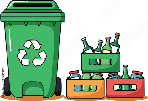 Recycling bin with glass bottle crates and green recycling symbol vector illustration 