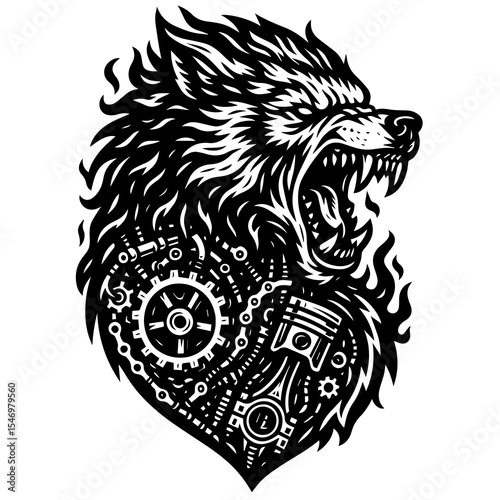 Mechanical Cyber Wolf Head Tattoo Design – Steampunk Beast with Gears and Pistons

High-contrast black and white vector illustration of a roaring cybernetic wolf with a mechanical steampunk chest.