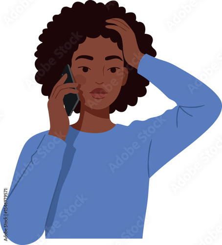 Woman talking on phone with worried expression in blue sweater vector illustration 
