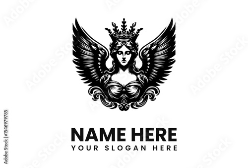 An ornate black and white illustration of a crowned angel with detailed wings, centered.