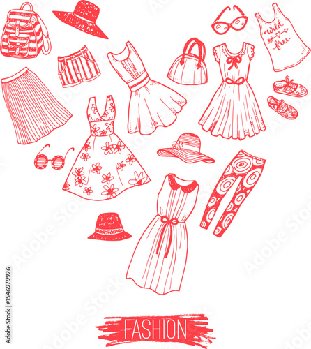 Hand-Drawn Fashion Illustration Summer Clothing and Accessories