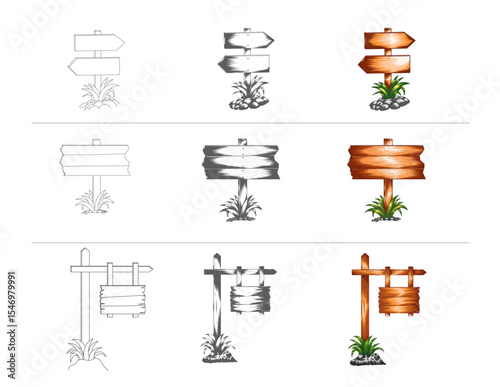 Collection of Wooden Signposts in Various Styles Wooden Signboard Vector