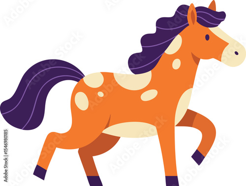 Cartoon orange horse with purple mane and tail playful running vector illustration 