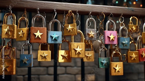 Colorful padlocks with stars hanging on a metal railing against a blurred background photo