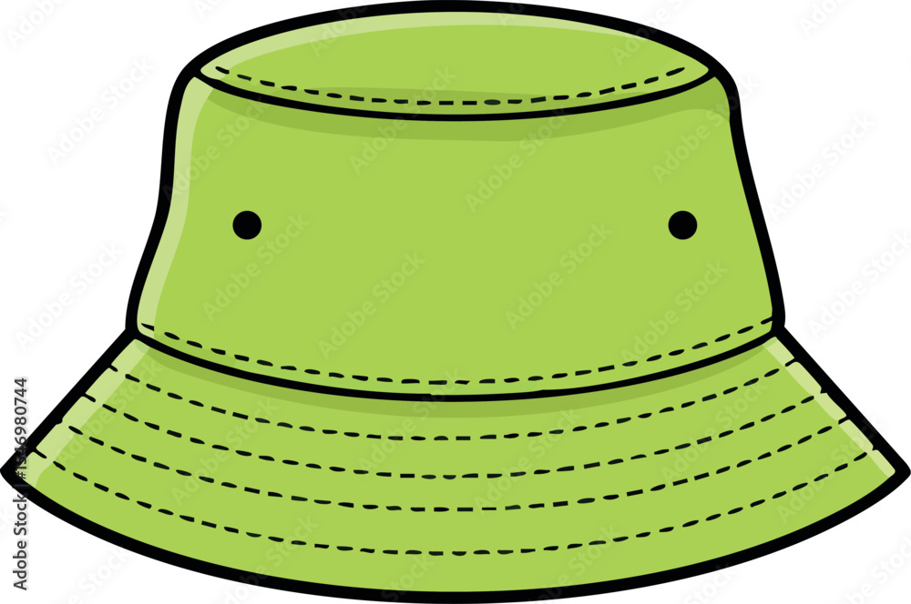 Green bucket hat vector illustration with stitched details and ventilation holes