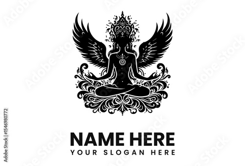 Intricate black and white illustration of a winged figure in meditation.