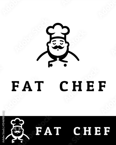 A minimalist black and white fat chef logo design with a chef hat and mustache