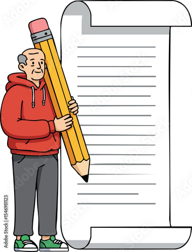 Elderly man holding large pencil standing next to long scroll paper vector illustration 