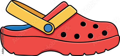 Red casual clog shoe with yellow strap and blue interior vector illustration 