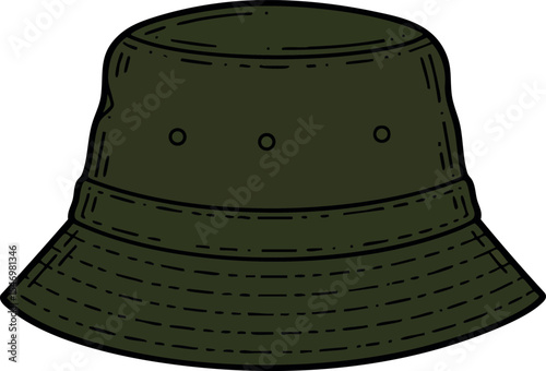 Olive green bucket hat with ventilation holes for outdoor casual wear vector illustration 