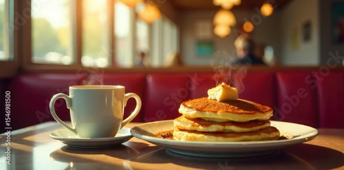 Wallpaper Mural A classic diner scene featuring a steaming cup of coffee and a plate of fluffy pancakes, bathed in warm, inviting light Perfect for breakfast, comfort food, and nostalgic themes , cup, retro Torontodigital.ca