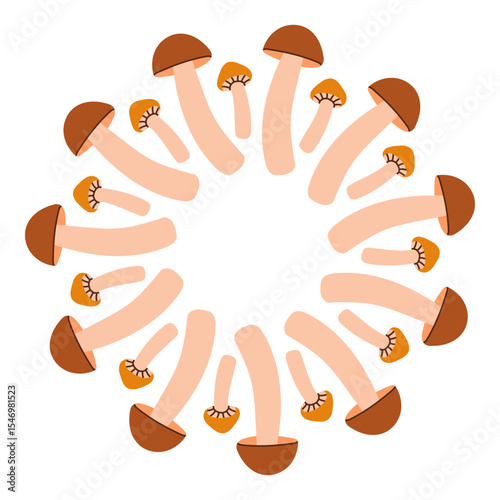 Mushroom circle frame. Round border made of fall mushrooms. The mushrooms have different shapes and are arranged in a circle. Vector flat isolated on white background.
