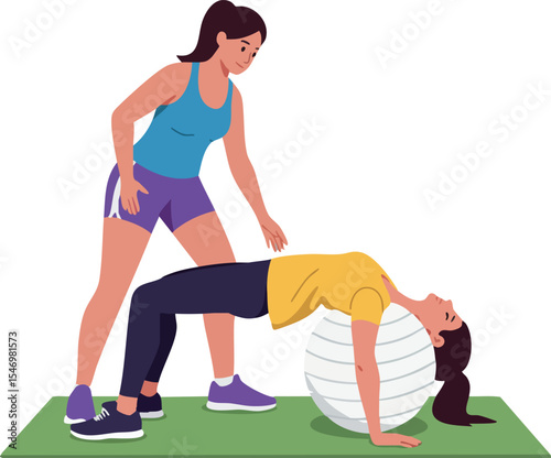 Women Exercising with Fitness Ball and Trainer Assisting Bridge Pose on Mat 
