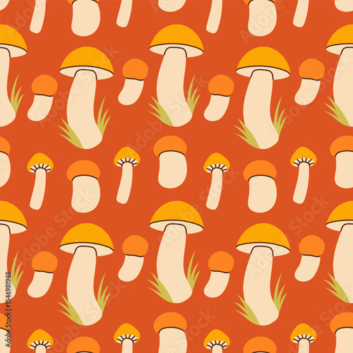Mushrooms seamless pattern. Autumn isolated mushrooms on red background. Square repeat pattern flat design for fall season.