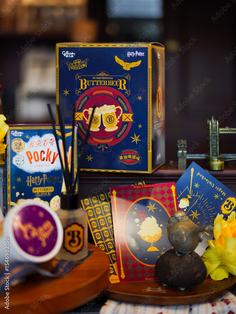 Obraz premium BKK-Jun 22,2025 : Pocky in Butterbeer flavour. A Glico Pocky Limited Edition - Harry Potter Butterbeer Flavor 40g. Experience the magic of Butterbeer non-alcohol! Exclusive Harry Potter collaboration