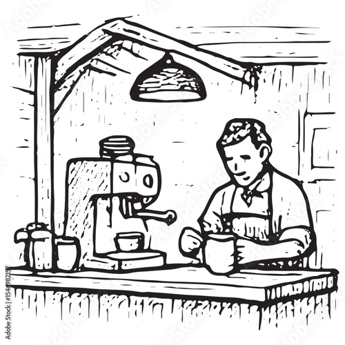 A skilled barista operating a vintage coffee machine, depicted in detailed line art, perfect for coffee shop posters or educational materials on traditional brewing