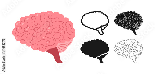 Human brain symbol set. Mind symbol concept on white background. Drawing human brain for medical, neuroscience, educational or tech, or for children simple style sign design vector illustration