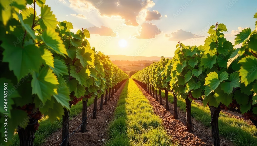 Fototapeta premium Sun-drenched rows of grapevines stretching to the horizon, lush green leaves and ripening fruit ready for harvest A picturesque vineyard scene at a family-owned winery , nature, scenic, sun
