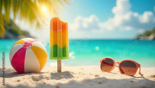 A vibrant summer scene featuring a refreshing popsicle melting in the sun, next to a beach ball and sunglasses, symbolizing carefree summer days , colorful, sun, holiday