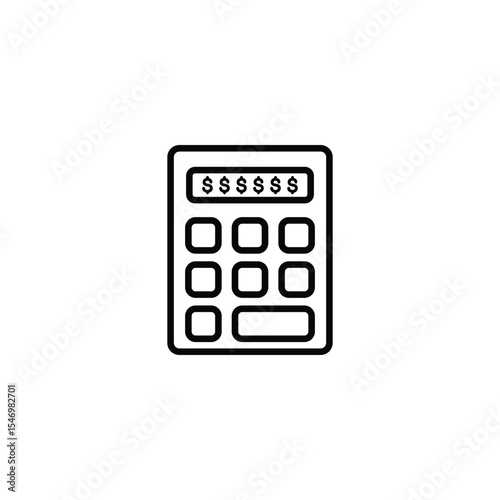 Simple black line art calculator icon showing dollar signs. Represents finance, accounting, and budgeting.