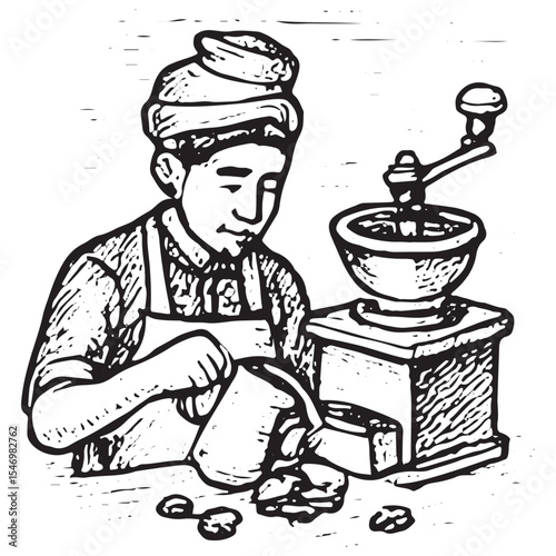 A barista grinding coffee beans with a manual grinder, depicted in detailed line art, ideal for coffee shop branding or traditional brewing education materials