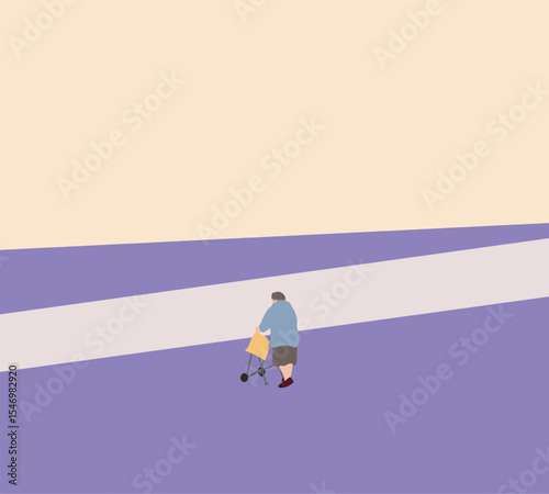 Senior handicapped with walker rollator or wheel chair enjoying walk in the abstract purple city street.