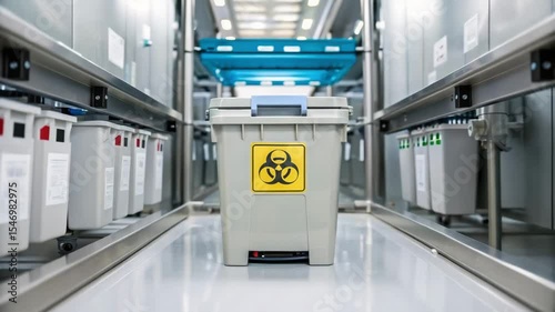 Biohazard waste container in vaccine production facility clean room environment ensuring safe disposal of medical waste with strict safety protocols