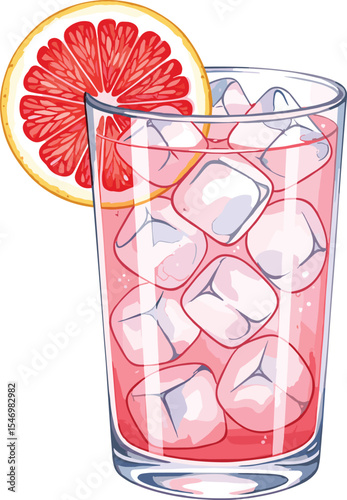 Paloma cocktail with grapefruit slices, ice cubes, and sparkling soda in a tall glass. Watercolor illustration on white background.
