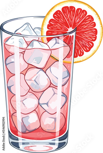 Paloma cocktail with grapefruit slices, ice cubes, and sparkling soda in a tall glass. Watercolor illustration on white background.