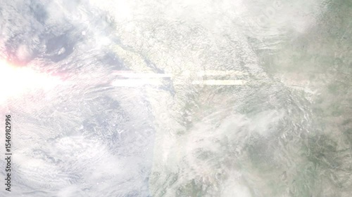 Earth zoom in from space and focus on Kirkland, Washington, USA. Background for travel intro or blog. Satellite view. 3D style Animation. Images from NASA.