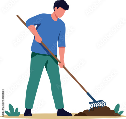 Man working in garden with rake doing soil preparation illustration vector 
