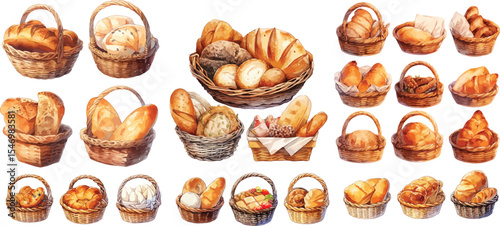 breads in basket watercolor clipart | breads in basket clipart for graphic resources