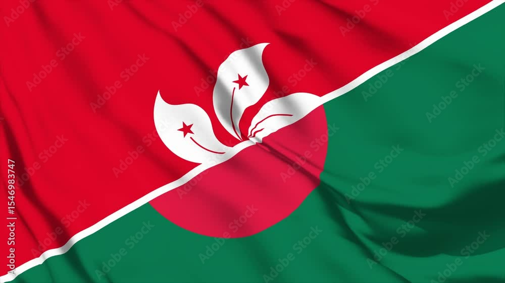 waving merged flags animation of bangladesh and hongkong