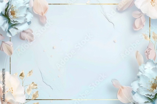 Light blue pastel background with elegant gold edge frame, luxury invitation card design, soft and sophisticated wedding aesthetic.