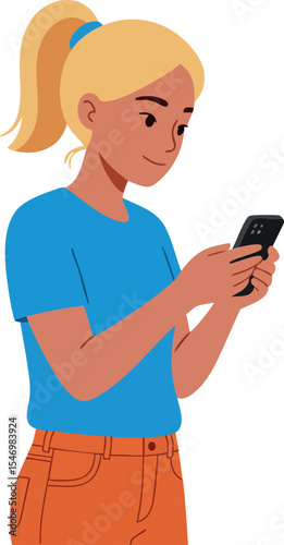 Young woman using smartphone with blue shirt and orange pants vector illustration 