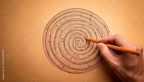 Generated imagDetailed View of Wooden Pencil Creating Spiral Artwork on Warm Brown Sheet

e