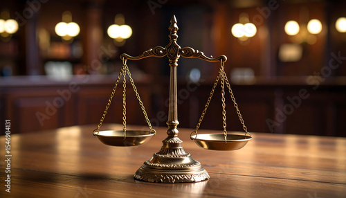 Classic brass scale of justice on a dark wood table in an ambient light setting for legal and ethical themes