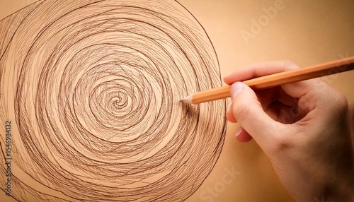 Generated imageClose-Up of Hand Sketching Spiral Pattern with Wooden Pencil on Light Brown Paper Surface