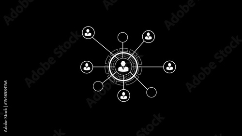 Abstract digital illustration of network and human connection icons representing people connected to a core center and communication channels.