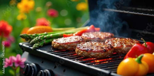 A vibrant spring grilling scene featuring fresh asparagus, juicy burgers, and colorful bell peppers sizzling on a hot grill, surrounded by blooming flowers and lush greenery ,  propane,  burgers