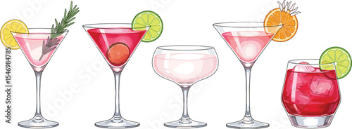 Collection of Pink Cosmopolitan eps cocktails in martini glass. Watercolor illustration of a refreshing beverage.