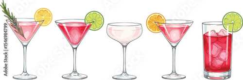 Collection of Pink Cosmopolitan eps cocktails in martini glass. Watercolor illustration of a refreshing beverage.