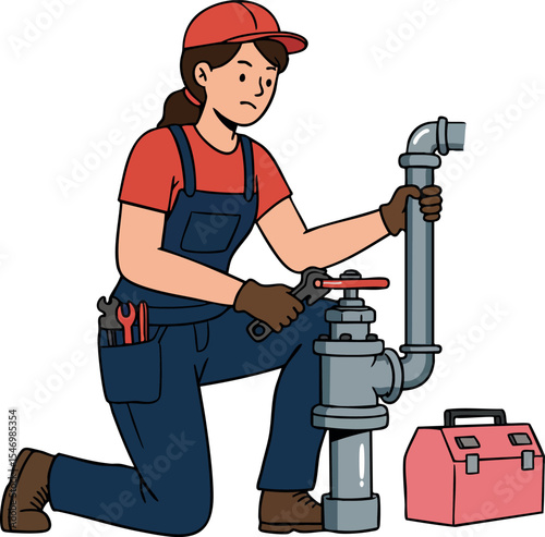 Female plumber working on pipe with toolbox vector illustration in red and blue outfit 