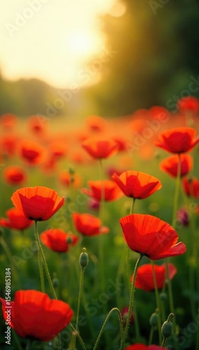 A vibrant field of red poppies swaying gently in the summer breeze, bathed in golden sunlight Perfect for themes of remembrance, peace, and the beauty of nature , rural, vibrant, blossom