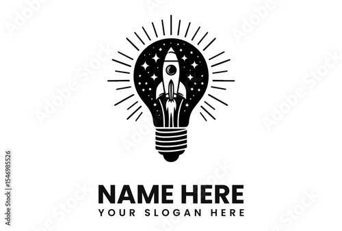 A stylized lightbulb logo depicts a rocket launching into space, symbolizing innovative ideas and ambitious progress.