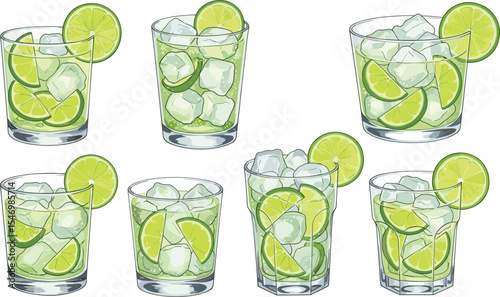 Set of six caipirinha cocktail illustrations with ice cubes and lime slices in clear glasses. Watercolor drawings of Brazilian drinks with crushed or cubed ice and lime garnish