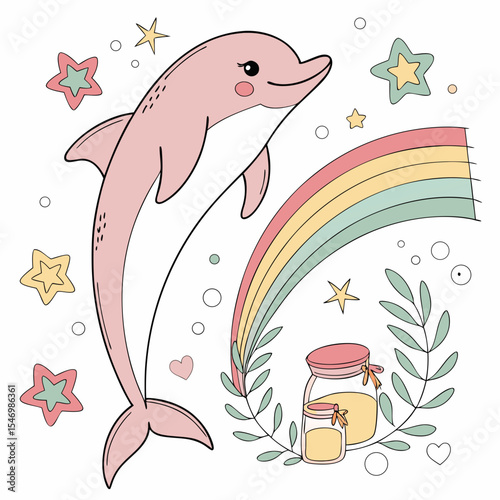 Curious expression on a Dolphin in a Rainbow theme, with with a giant leaf – Pastel Rainbow vector art
