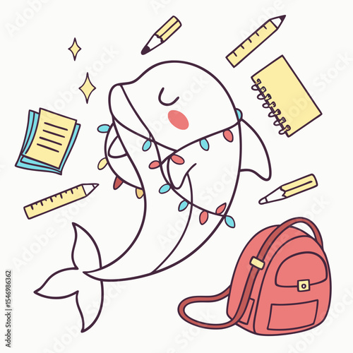 An adorable Dolphin with a Relaxed vibe, wrapped in fairy lights, and a Chalkboard Fun Back to school theme – SVG style